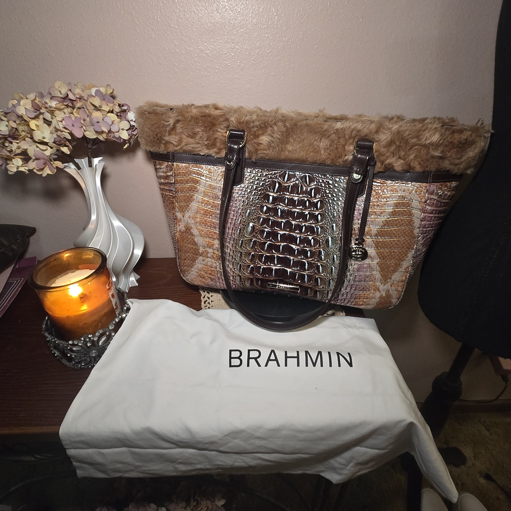 Brahmin Truffle Python Chalet Shearling Tote - image 1